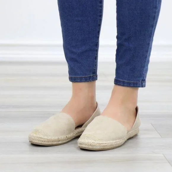 Beige Vegan Suede Flat Slip On Loafer Espadrilles - Picture 2 of 10